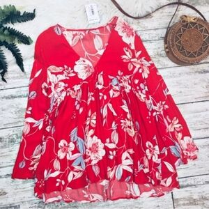 Free People Floral V-Neck Babydoll Top - Red